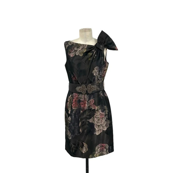 Rickie Freeman for Teri Jon Bow Shoulder Brown Floral Belted Dress Size 6 - Picture 1 of 9